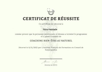 Certificat de réussite - Coaching bien-être au naturel.
