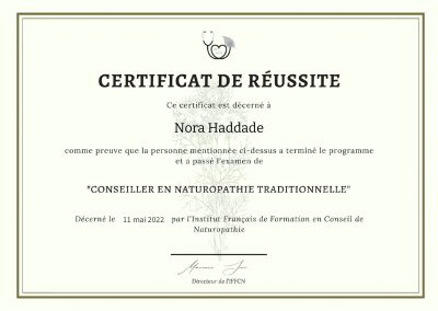 Certificat de réussite - Conseiller en naturopathie traditionnelle.