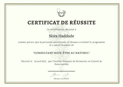 Certificat de réussite - Consultant bien-être au naturel.