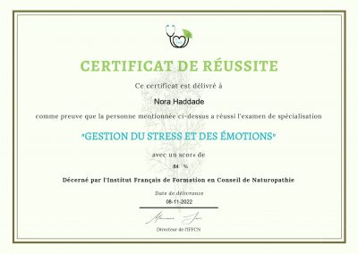 Certificat de réussite - Gestion du stress et des émotions.