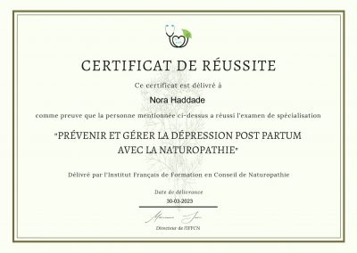 Certificat de réussite - Prévenir et gérer la dépression post partum avec la naturopathie.